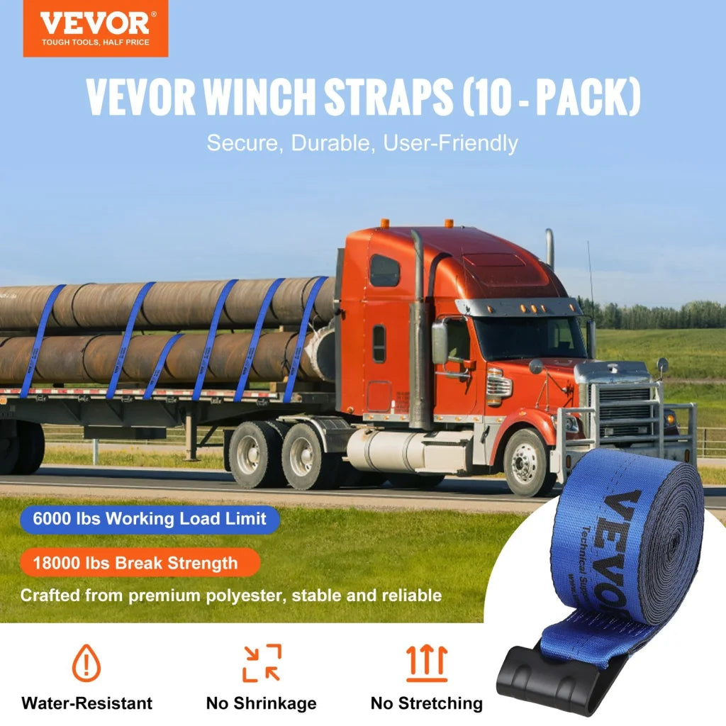 VEVOR Winch Straps 10.2 cm x 9.1 m 2.7T Load Capacity 8.2T