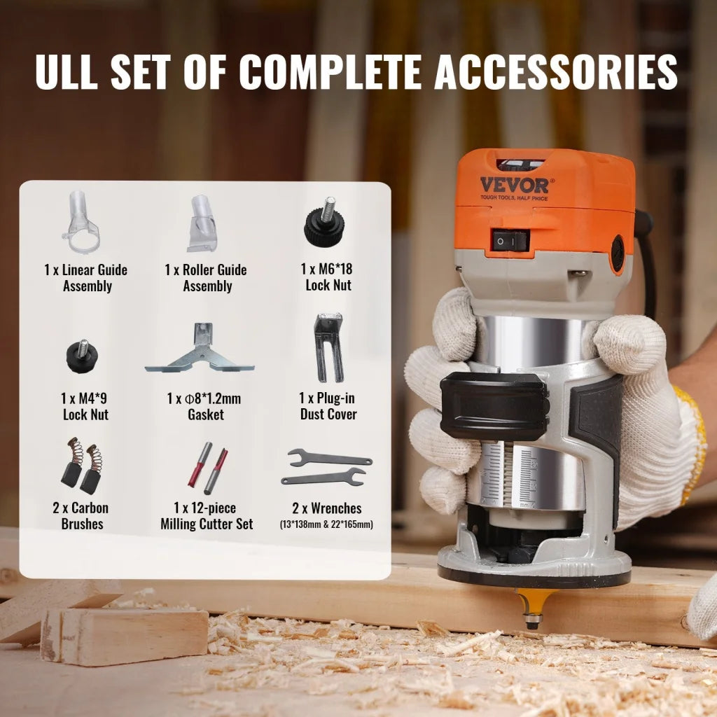 VEVOR Wood Router 1.25HP 800W Compact Wood Trimmer Router