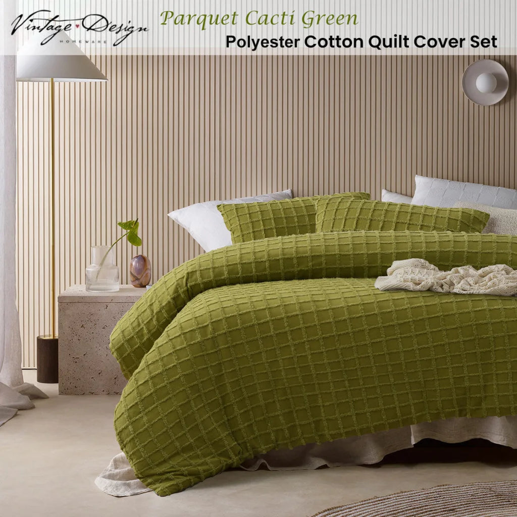 Vintage Design Homewares Parquet Cacti Green Cotton Quilt