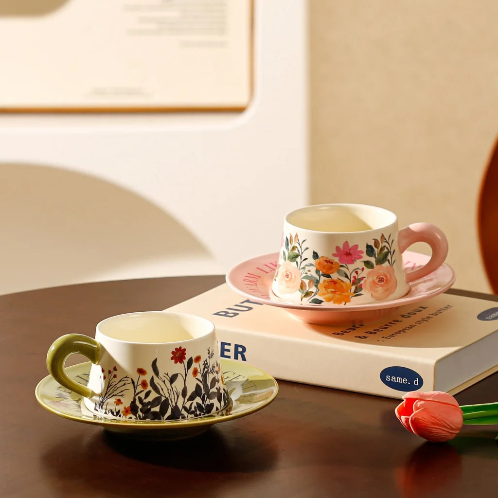 Vintage Floral Ceramic Coffee Cup & Saucer Set(White disc
