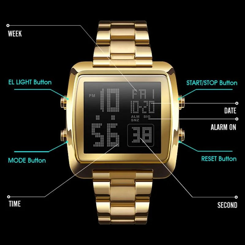Vintage Gold Steel Square Watch - Waterproof & Luminous