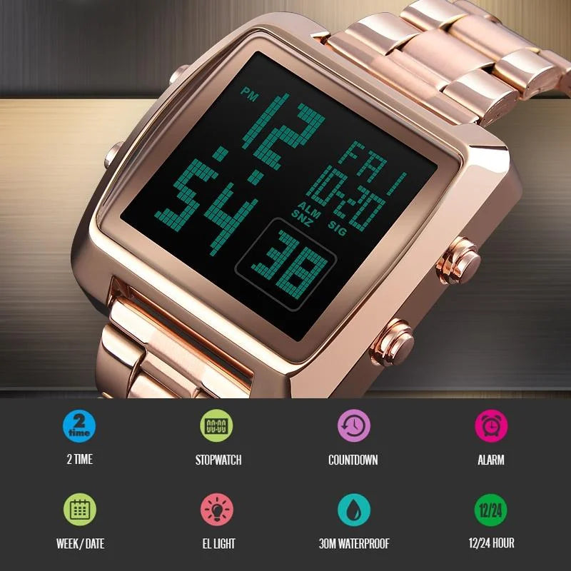 Vintage Gold Steel Square Watch - Waterproof & Luminous