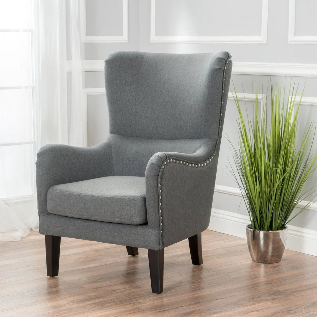 Vintage Grey Fabric High Back Padded Armchair - Furniture >