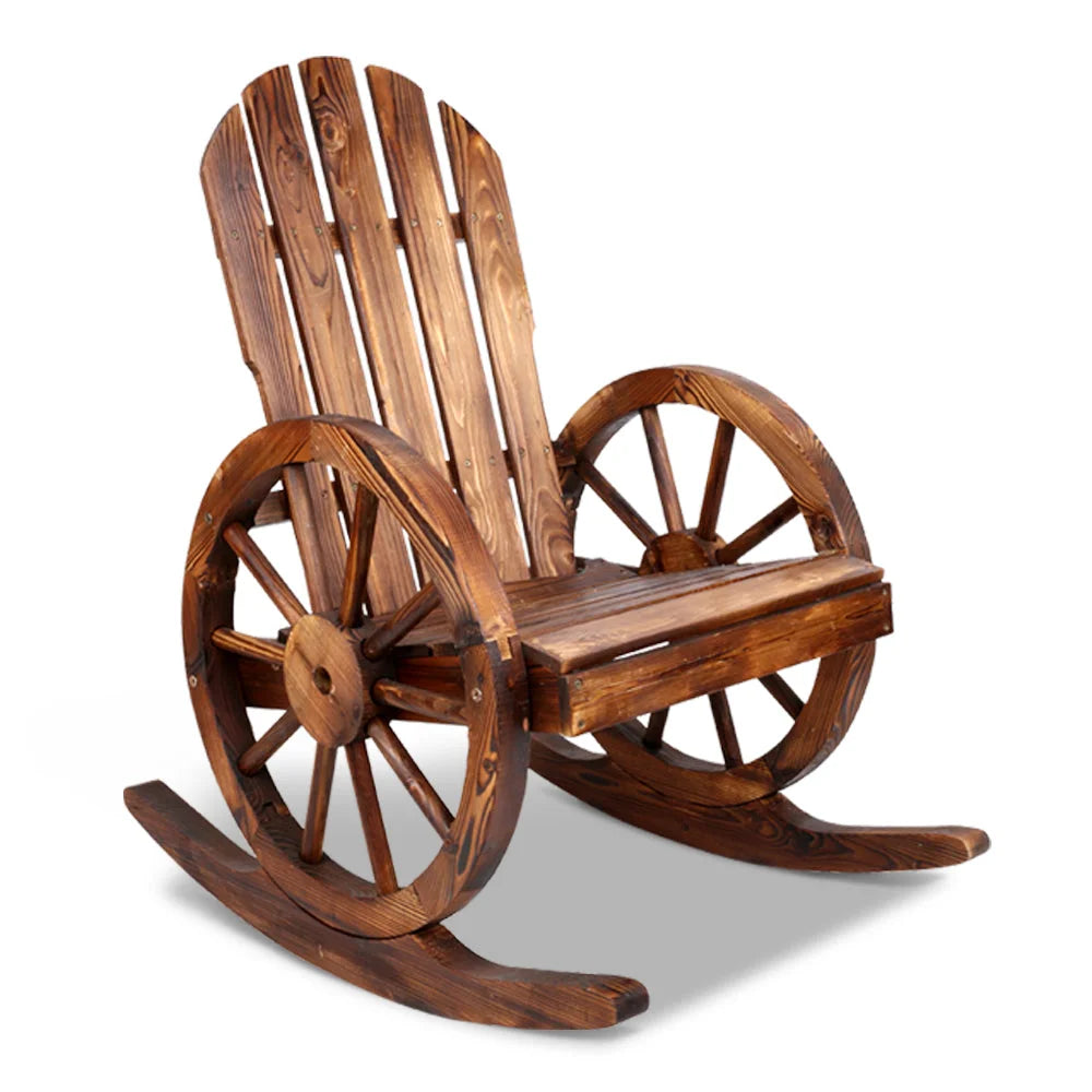 Brown chair with wagon wheel rocking outdoor