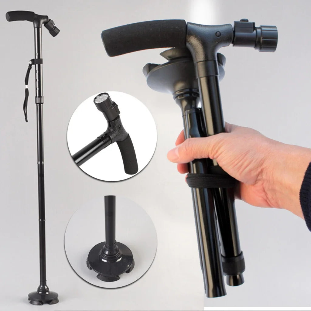 Walking Stick Cane Folding Handle Adjustable Fixed LED