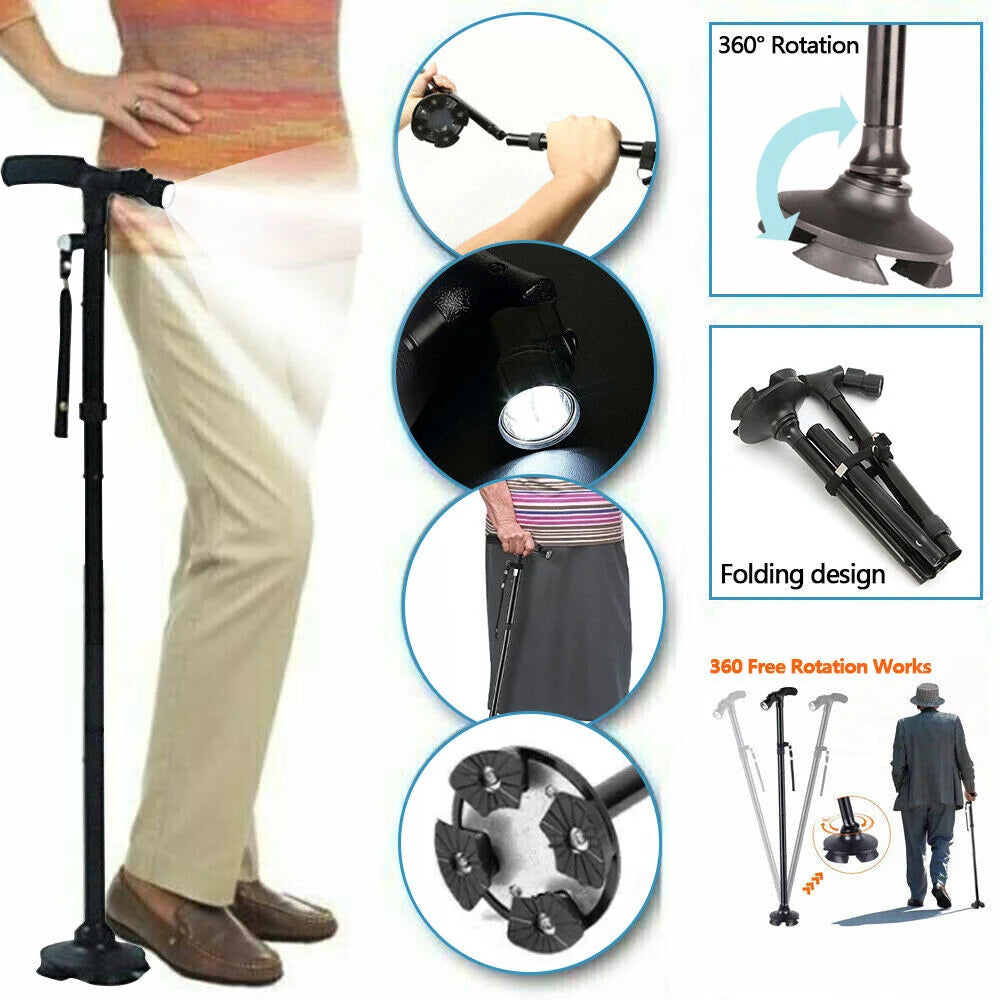 Walking Stick Cane Folding Handle Adjustable Fixed LED Light