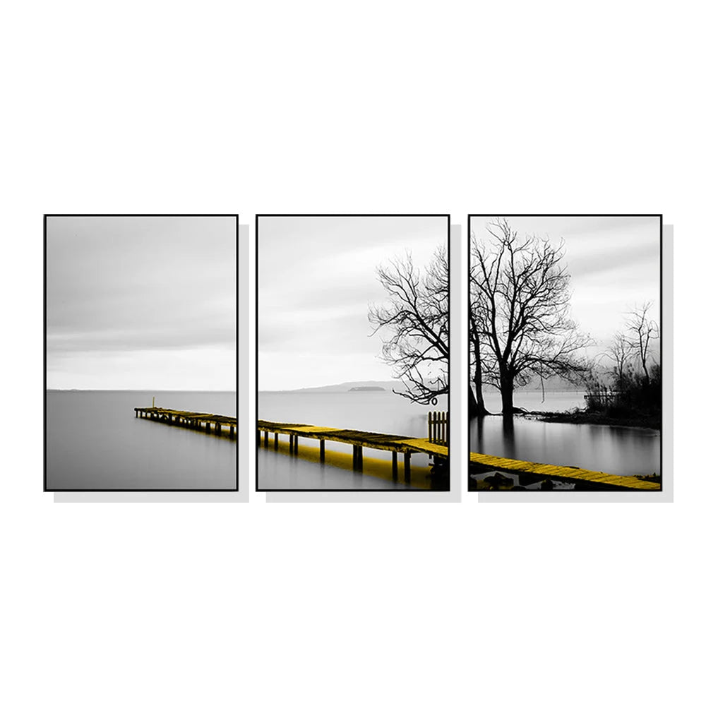 Wall Art 100cmx150cm - Calm Lake Bridge Tree Scene 3 Sets