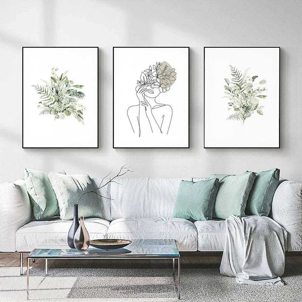 Wall Art 40cm x 60cm Botanical Line Girl 3 Sets Black Frame