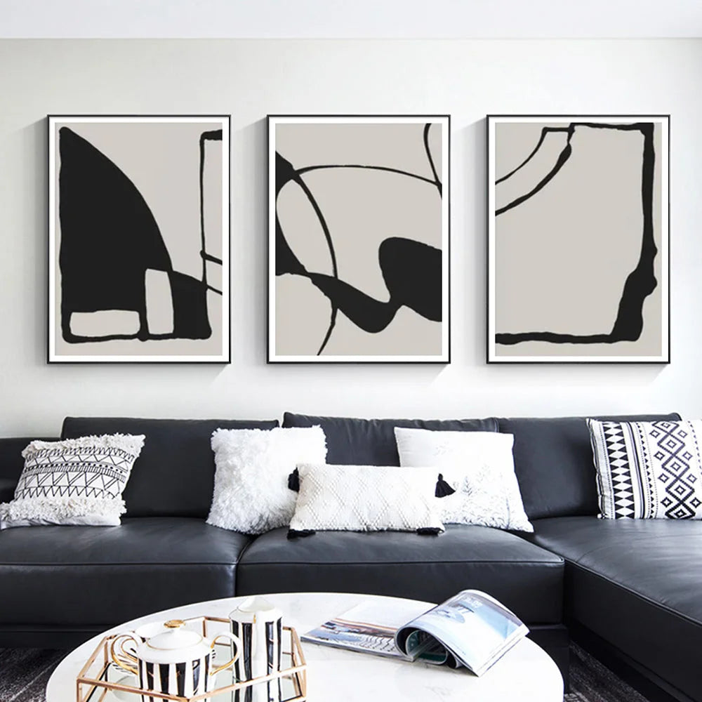 Wall Art 40cmx60cm Black Beige 3 Sets - Black Frame Canvas