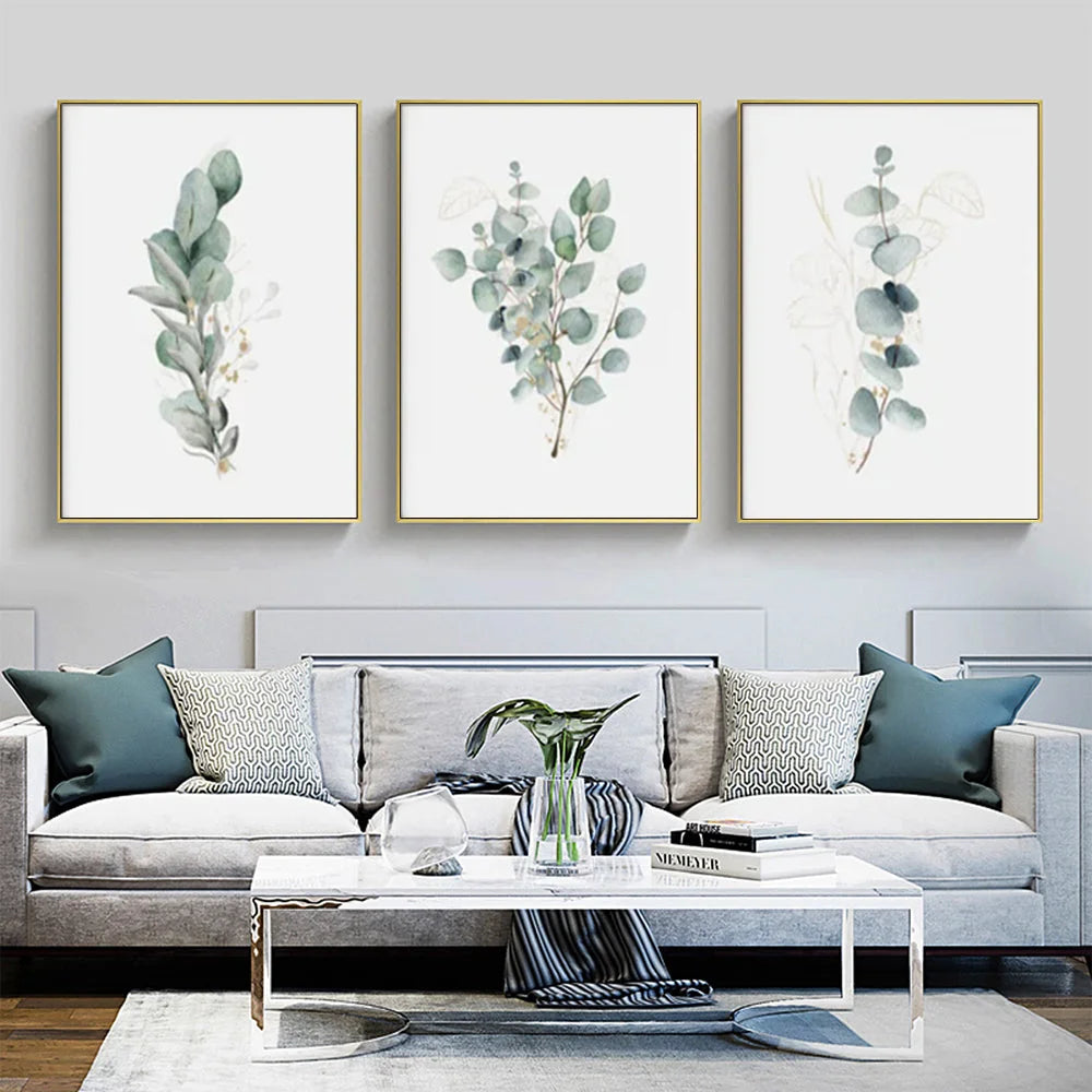 Wall Art 40cmx60cm Eucalyptus Plant 3 Sets - Gold Frame