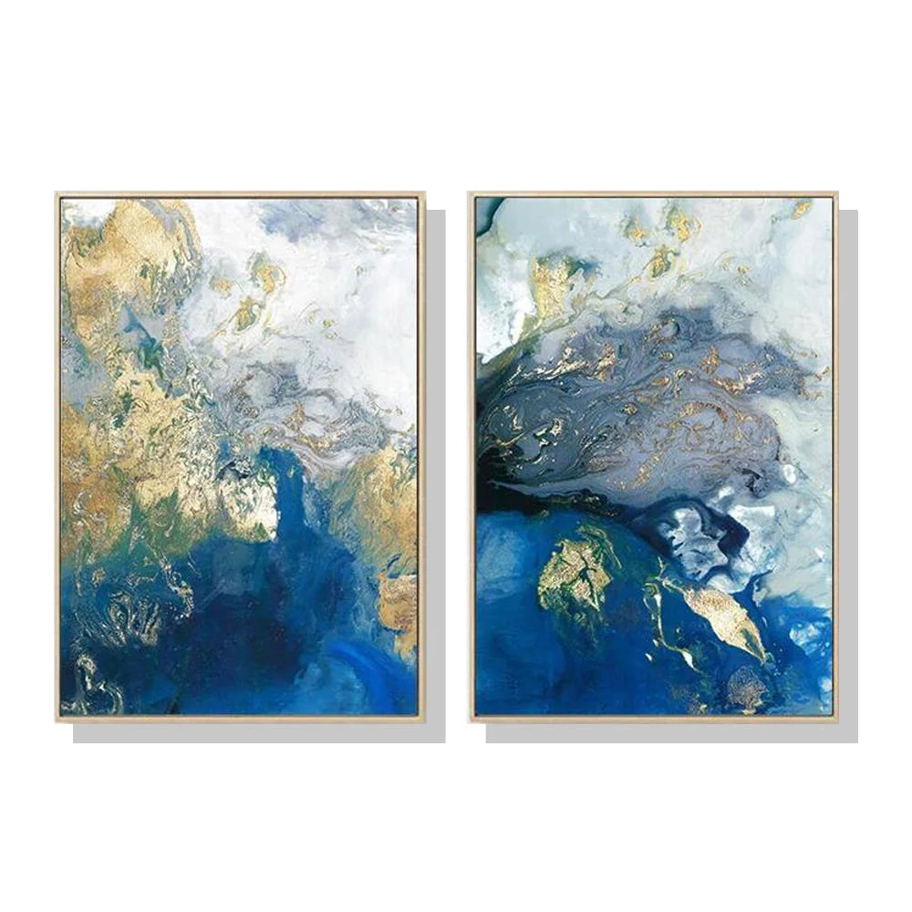 Wall Art 40cmx60cm - Marbled Blue and Gold 2 Sets with Gold