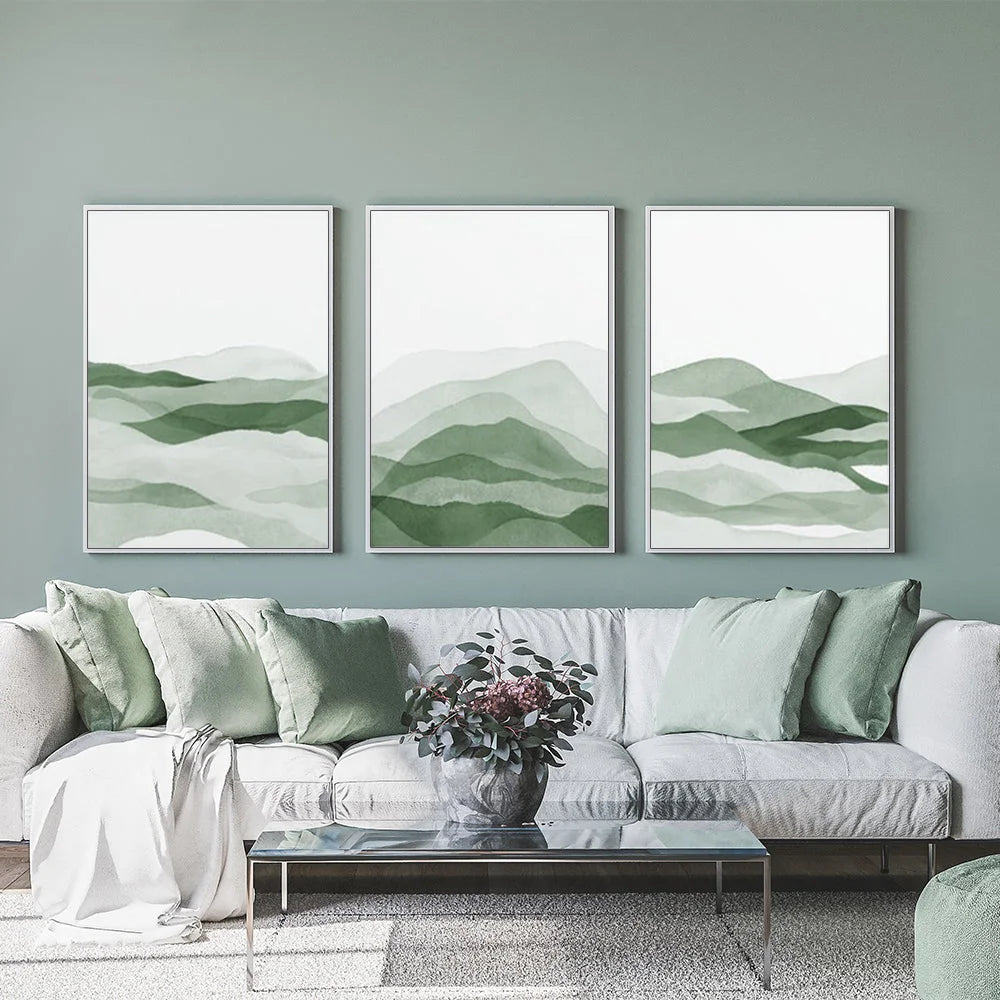 Wall Art 40cmx60cm Sage Green 3 Sets - White Frame Canvas