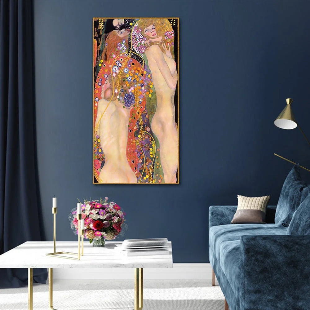 Wall Art 40cmx80cm Water Serpents by Gustav Klimt - Gold