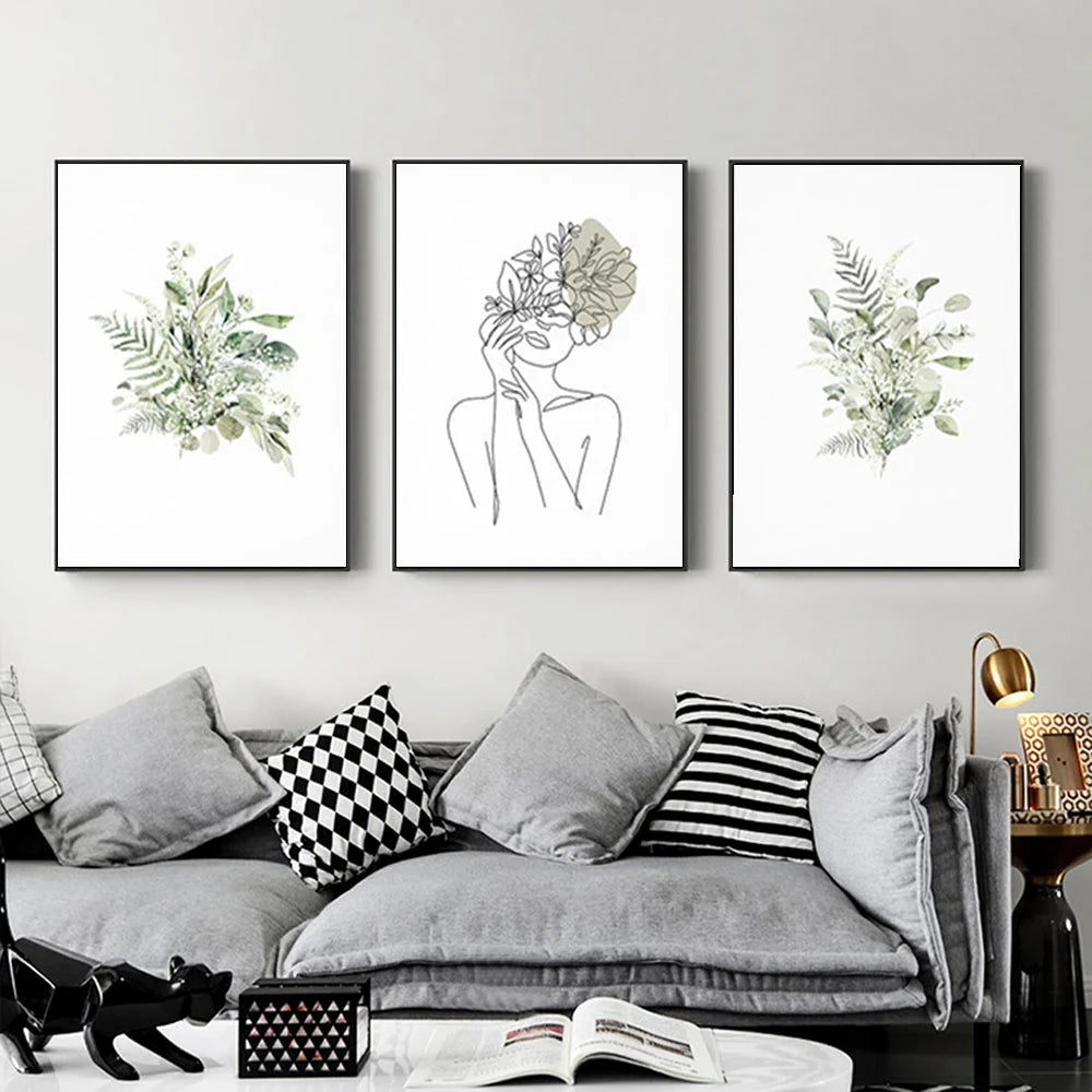 Wall Art 50cm x 70cm Botanical Line Girl 3 Sets Black Frame
