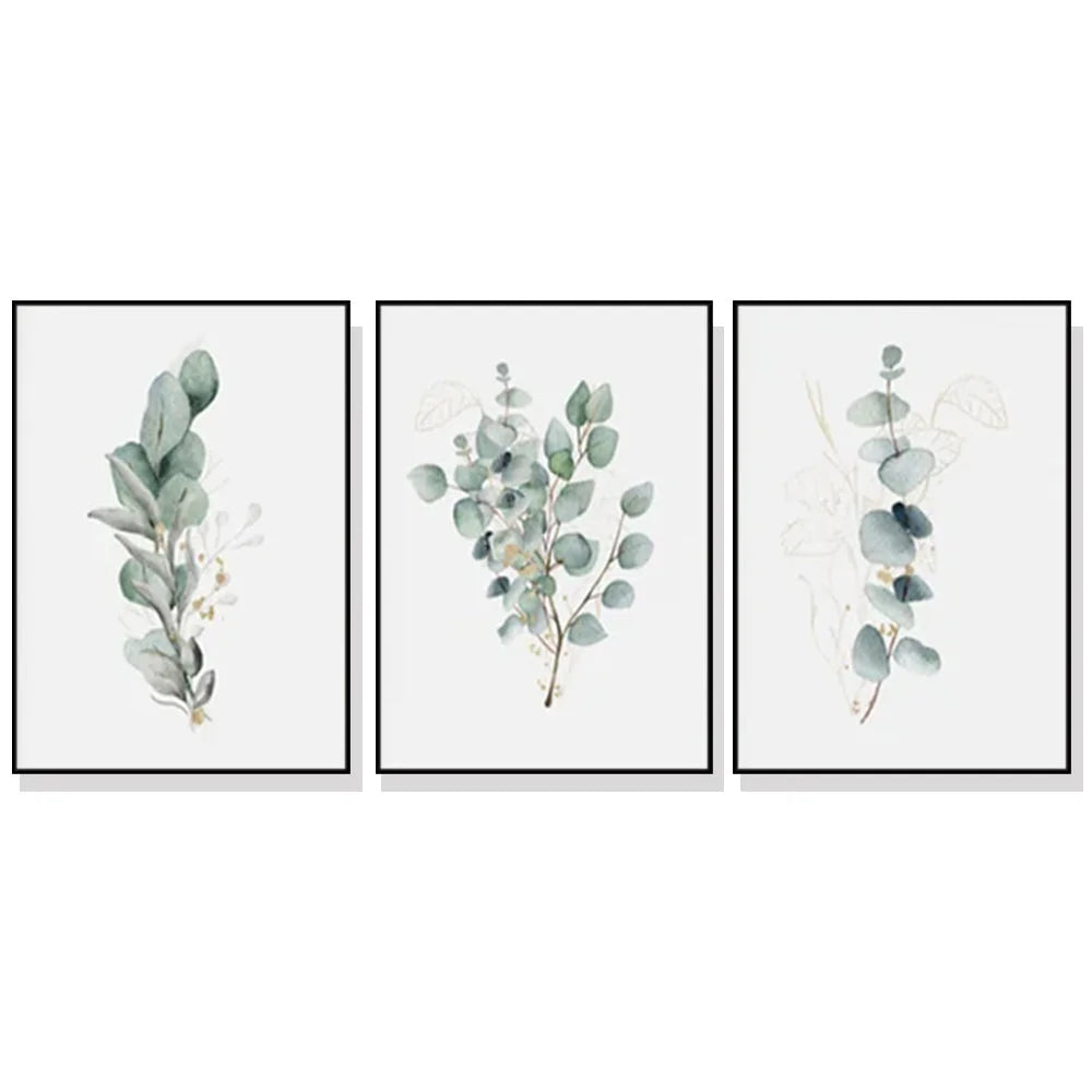 Wall Art 50cm x 70cm Eucalyptus Plant 3 Sets Black Frame