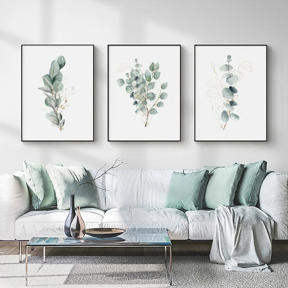 Wall Art 50cm x 70cm Eucalyptus Plant 3 Sets Black Frame