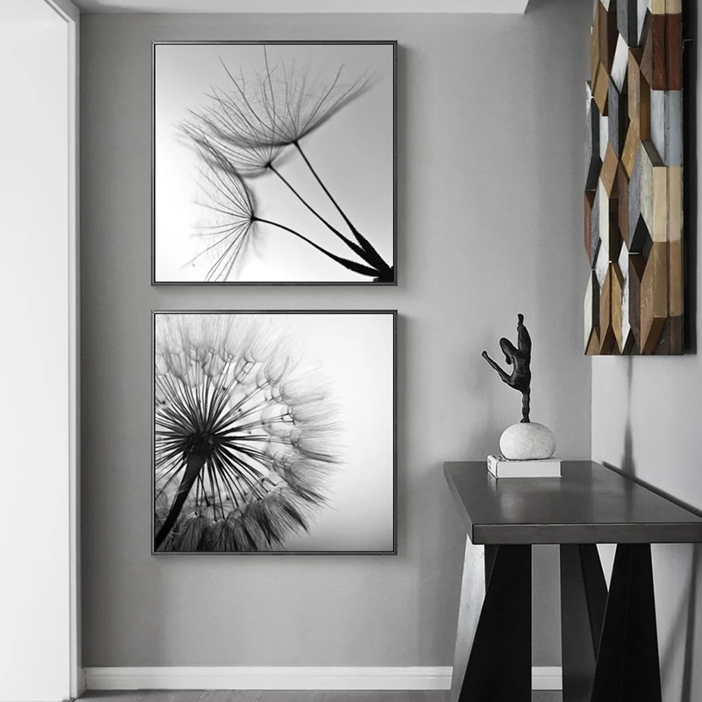 Wall Art 50cm x 50cm Black and White Dandelion 2 Sets Black