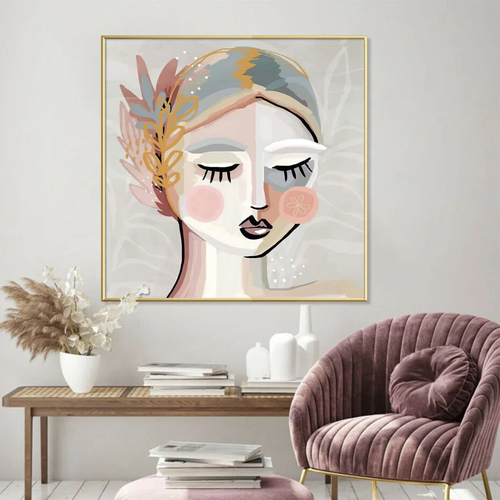 Wall Art 50cm x 50cm Calm Girl Gold Frame Canvas - Home &