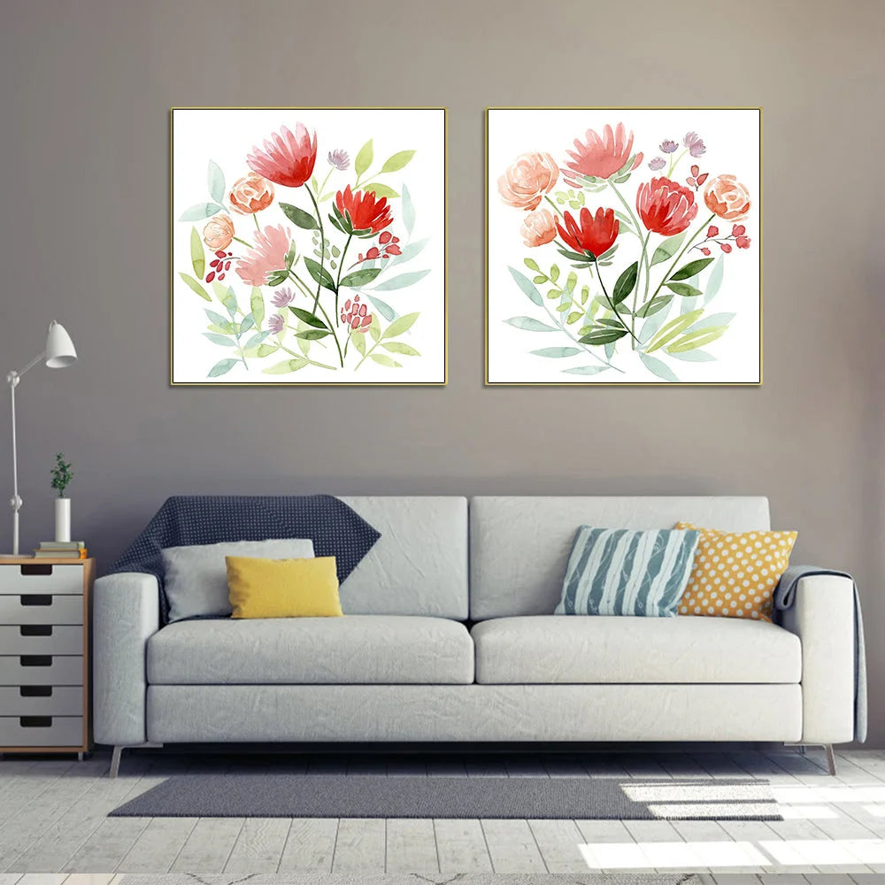 Wall Art 50cm x 50cm Florals 2 Sets Gold Frame Canvas