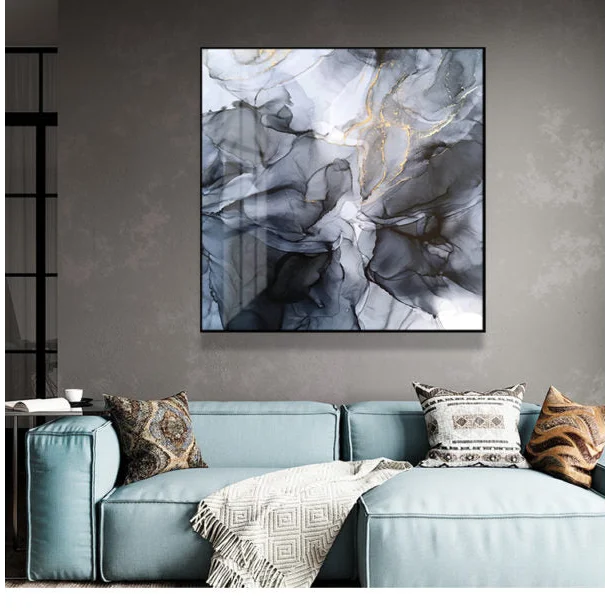 Wall Art - 50cm x 50cm Marbled Black Grey Black Frame