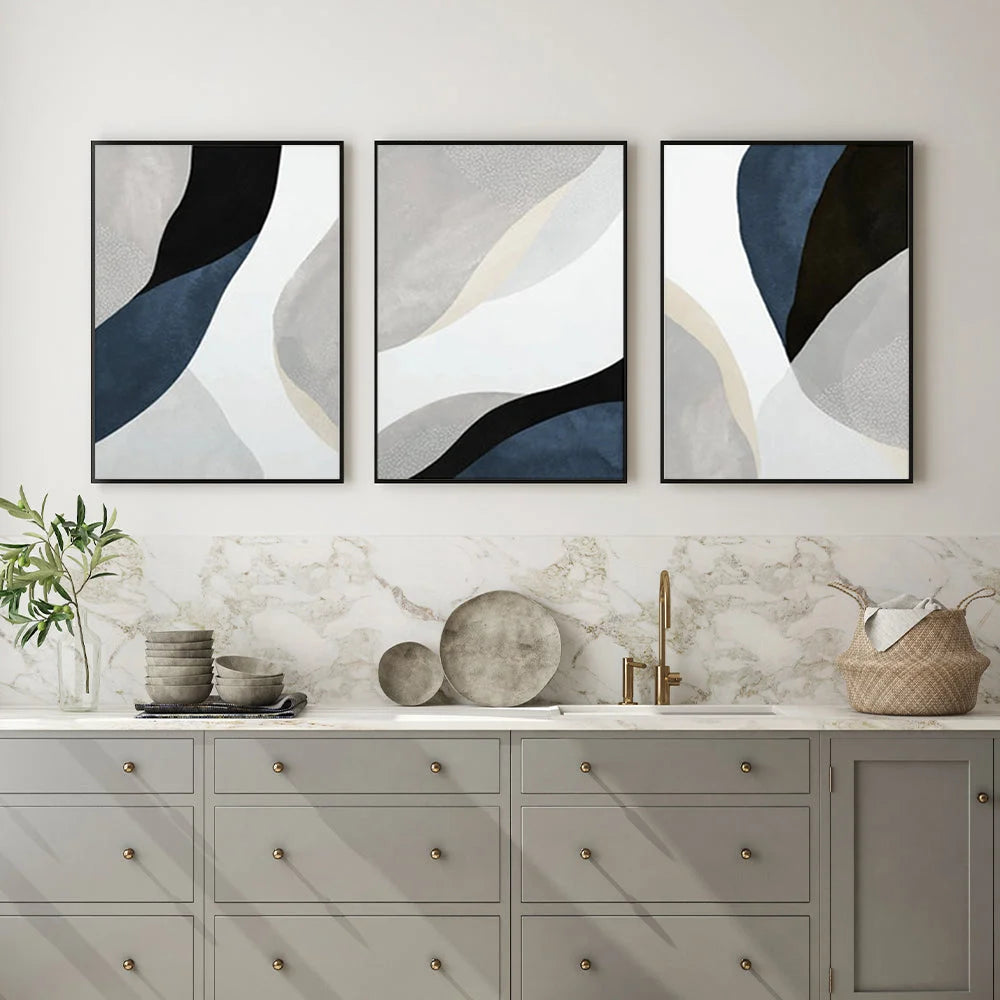 Wall Art 50cmx70cm Abstract Navy Blue 3 Sets - Black Frame