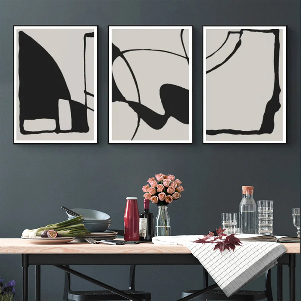 Wall Art 50cmx70cm Black Beige 3 Sets - Black Frame Canvas