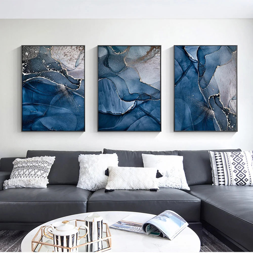 Wall Art 50cmx70cm Blue Gold Marble 3 Sets - Black Frame