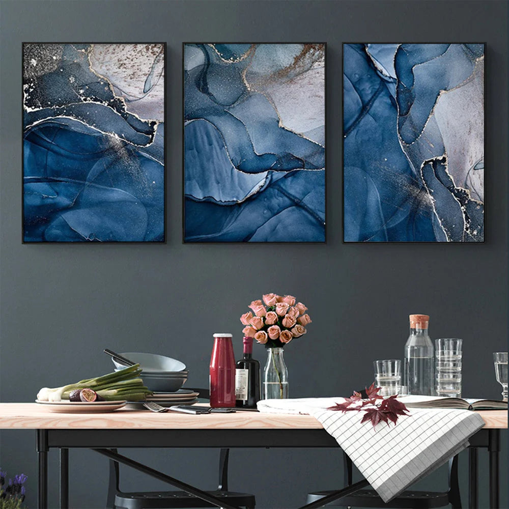 Wall Art 50cmx70cm Blue Gold Marble 3 Sets - Black Frame
