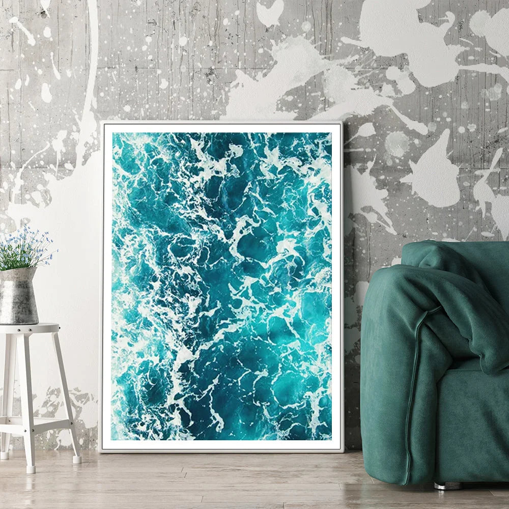 Wall Art 50cmx70cm Blue Ocean - White Frame Canvas - Home &