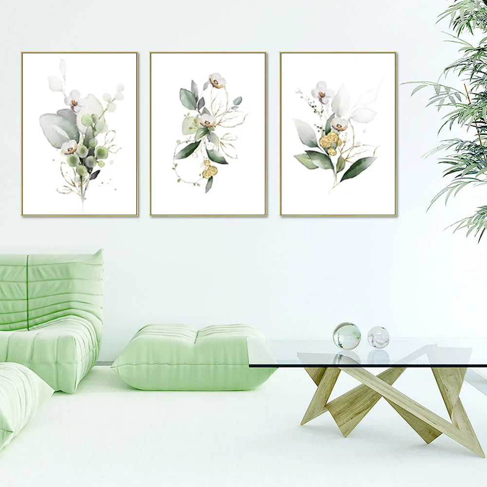 Wall Art 50cmx70cm Green Gold Watercolor Botanical 3 Sets