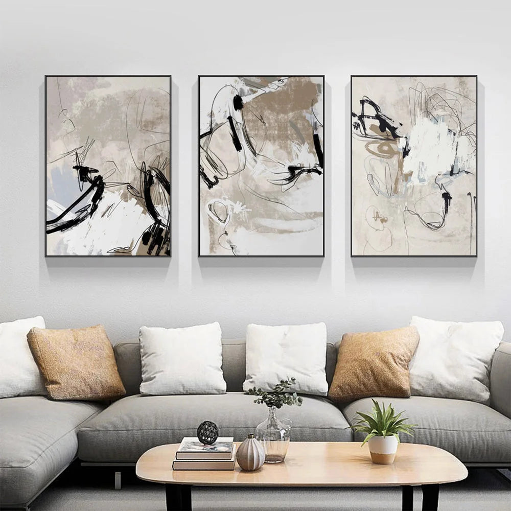 Wall Art 50cmx70cm Modern Abstract Beige 3 Sets Black Frame