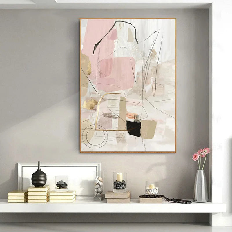 Wall Art - 60cm x 90cm Abstract Pink Gold Frame Canvas