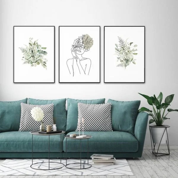 Wall Art 60cm x 90cm Botanical Line Girl 3 Sets Black Frame