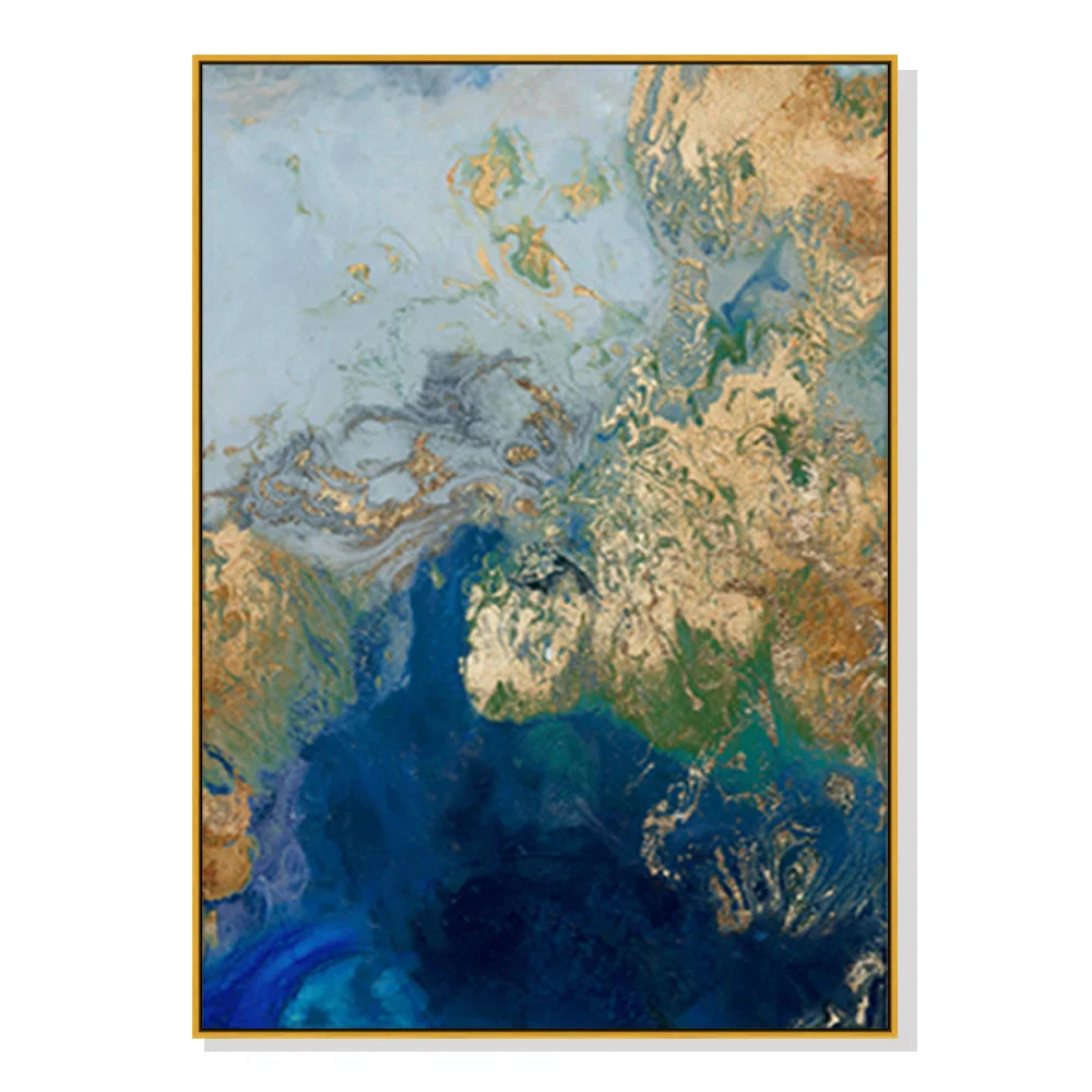 Wall Art - 60cm x 90cm Marbled Blue Gold Artwork Gold Frame