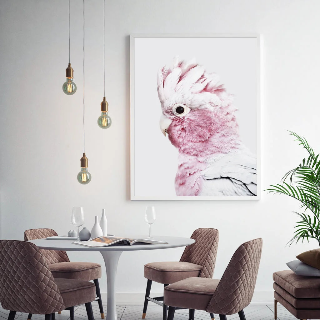 Wall Art 60cm x 90cm Pink Galah White Frame Canvas - Home &