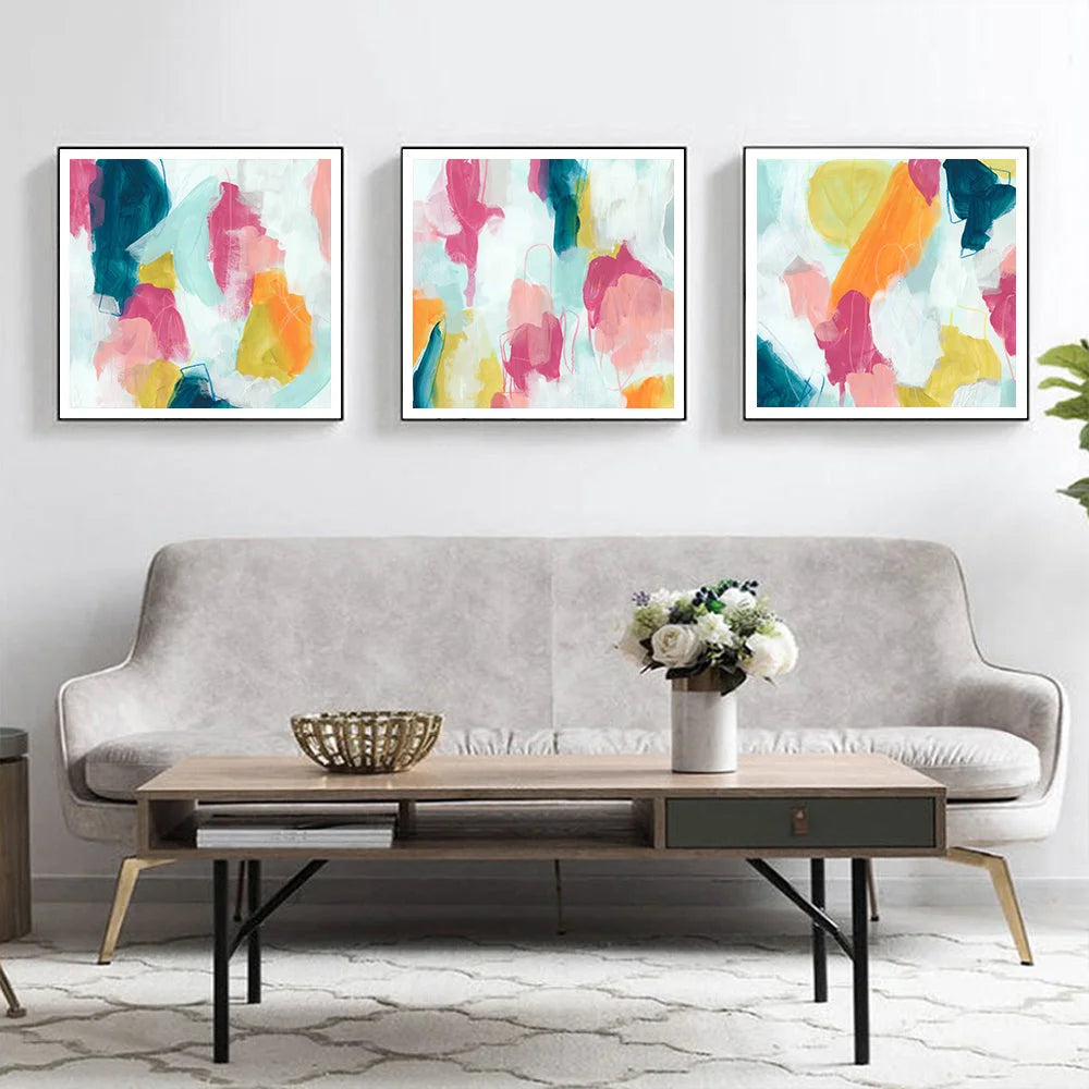 Wall Art 60cm x 60cm Colourful 3 Sets Black Frame Canvas