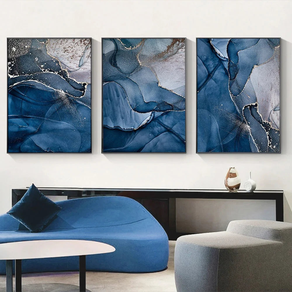 Wall Art 60cmx90cm Blue Gold Marble 3 Sets - Black Frame