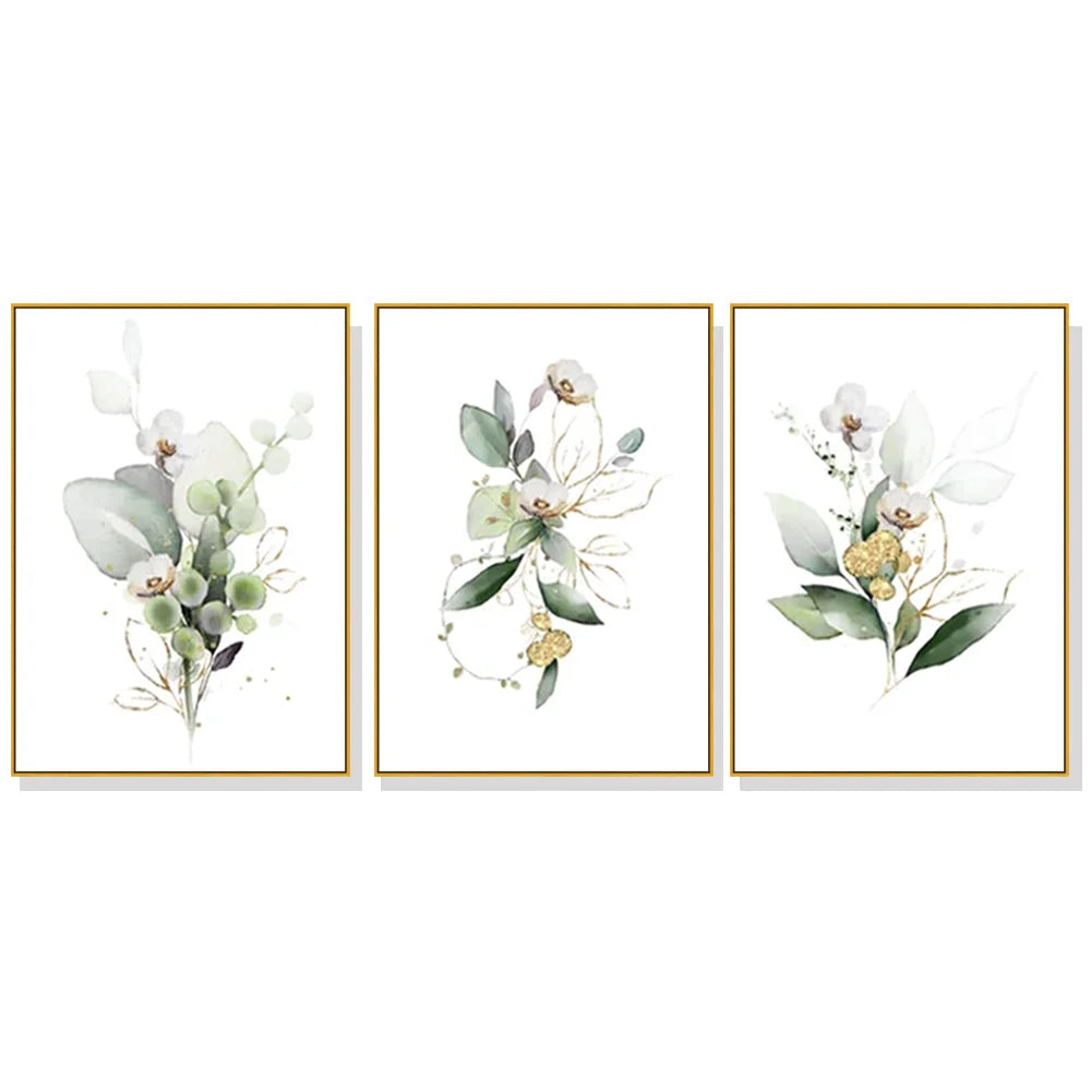 Wall Art 60cmx90cm Green Gold Watercolor Botanical 3 Sets