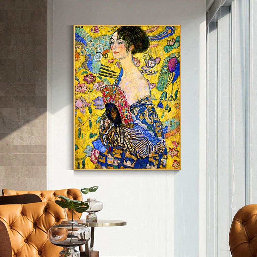 Wall Art 60cmx90cm Lady with a Fan by Klimt - Gold Frame