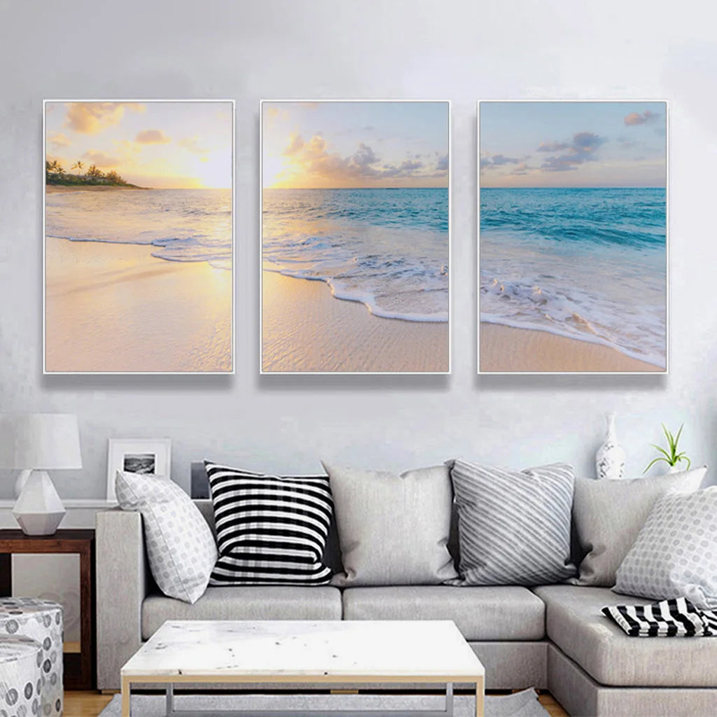 Wall Art 60cmx90cm Ocean and Beach 3 Sets - White Frame