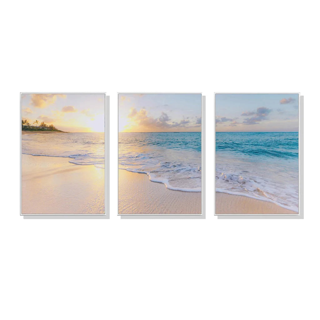 Wall Art 60cmx90cm Ocean and Beach 3 Sets - White Frame