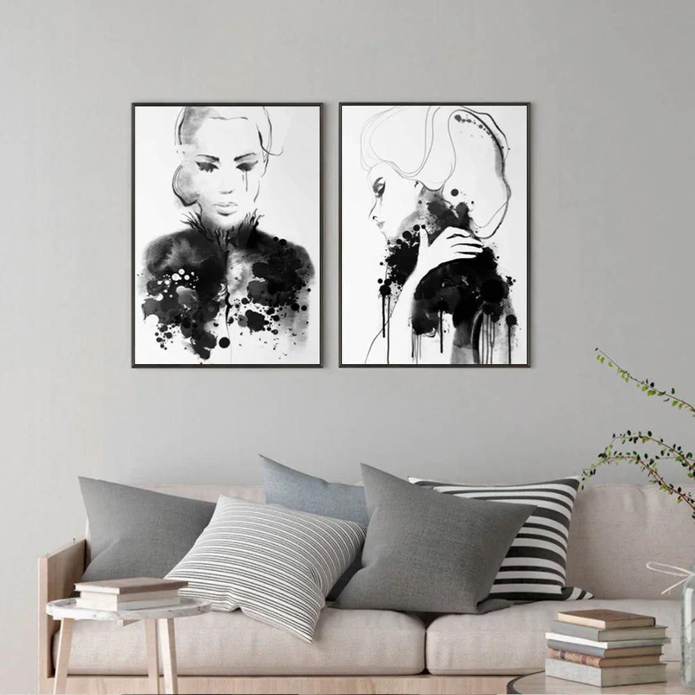 Wall Art 60cmx90cm Watercolor Sketch 2 Sets - Black Frame