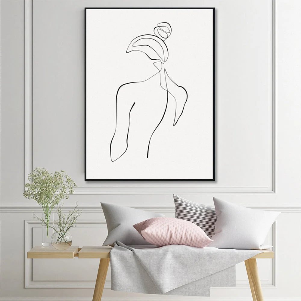 Wall Art 60cmx90cm Woman Back Line Art - Black Frame Canvas