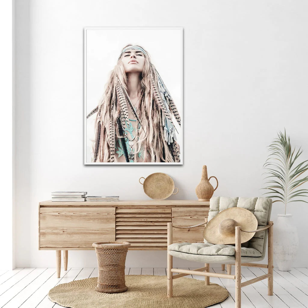 Wall Art 70cm x 100cm BOHO Girl White Frame Canvas - Home &