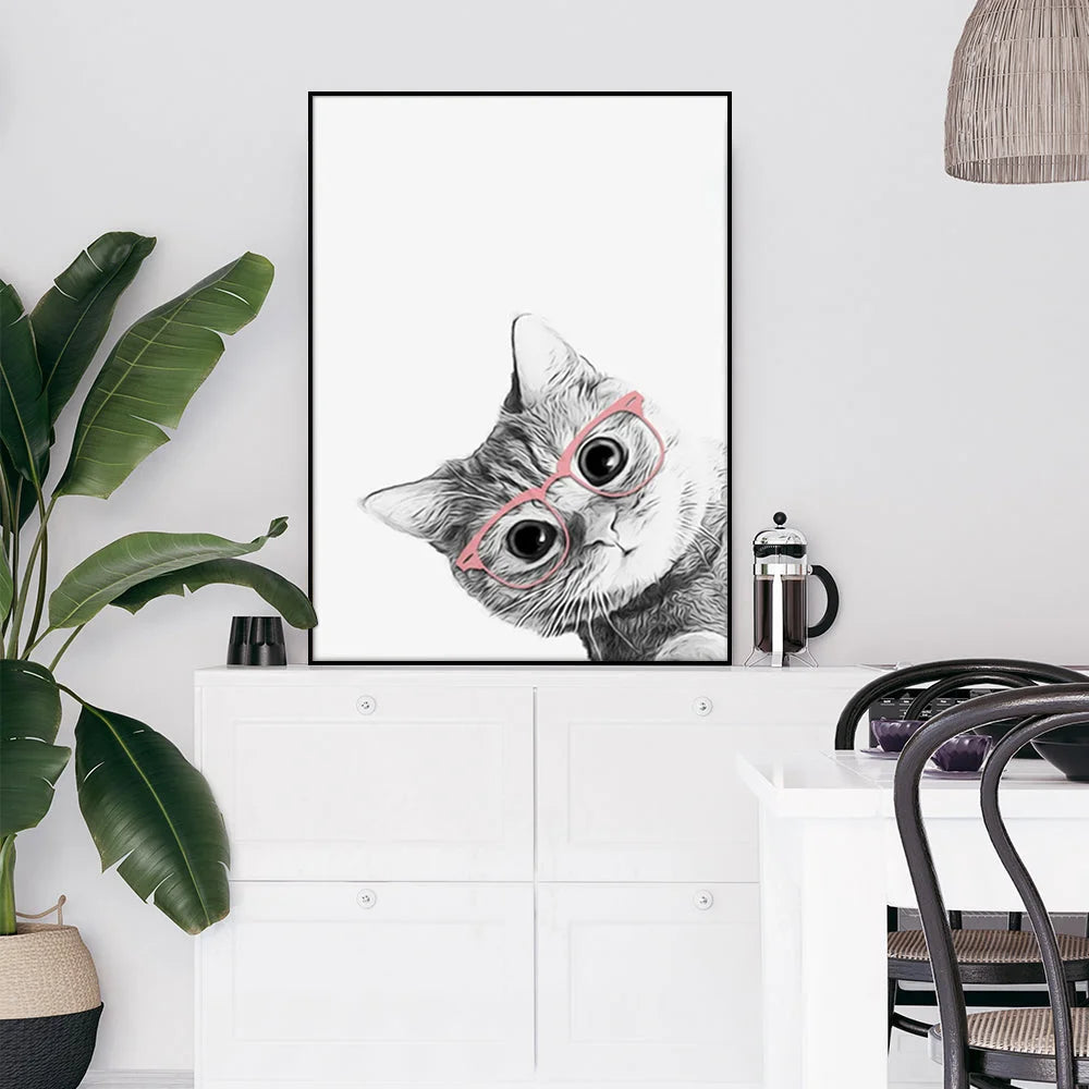 Wall Art 70cm x 100cm Cat with Glasses Black Frame Canvas