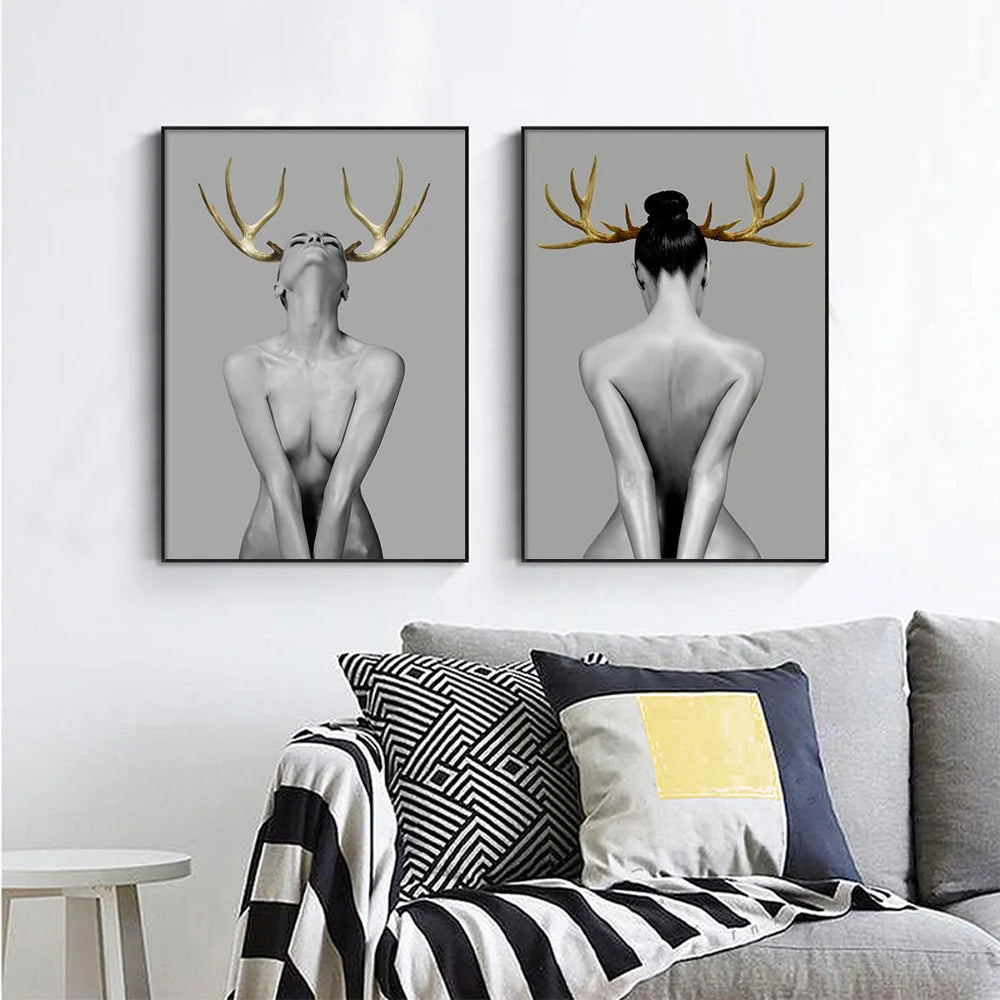 Wall Art - 70cm x 100cm Girl With Gold Horn 2 Sets Black