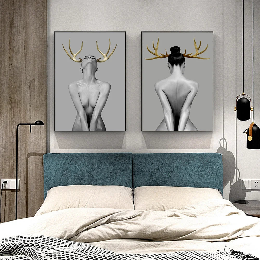 Wall Art - 70cm x 100cm Girl With Gold Horn 2 Sets Black