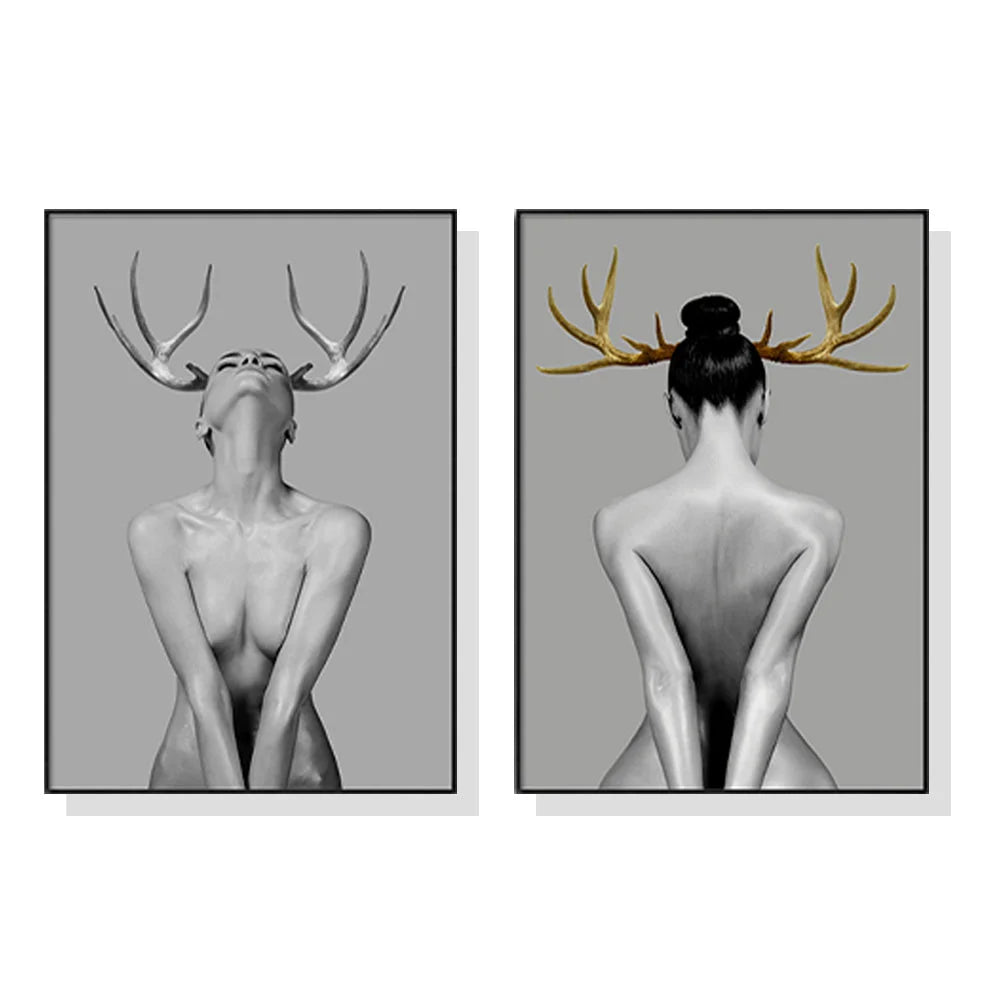 Wall Art - 70cm x 100cm Girl With Gold Horn 2 Sets Black