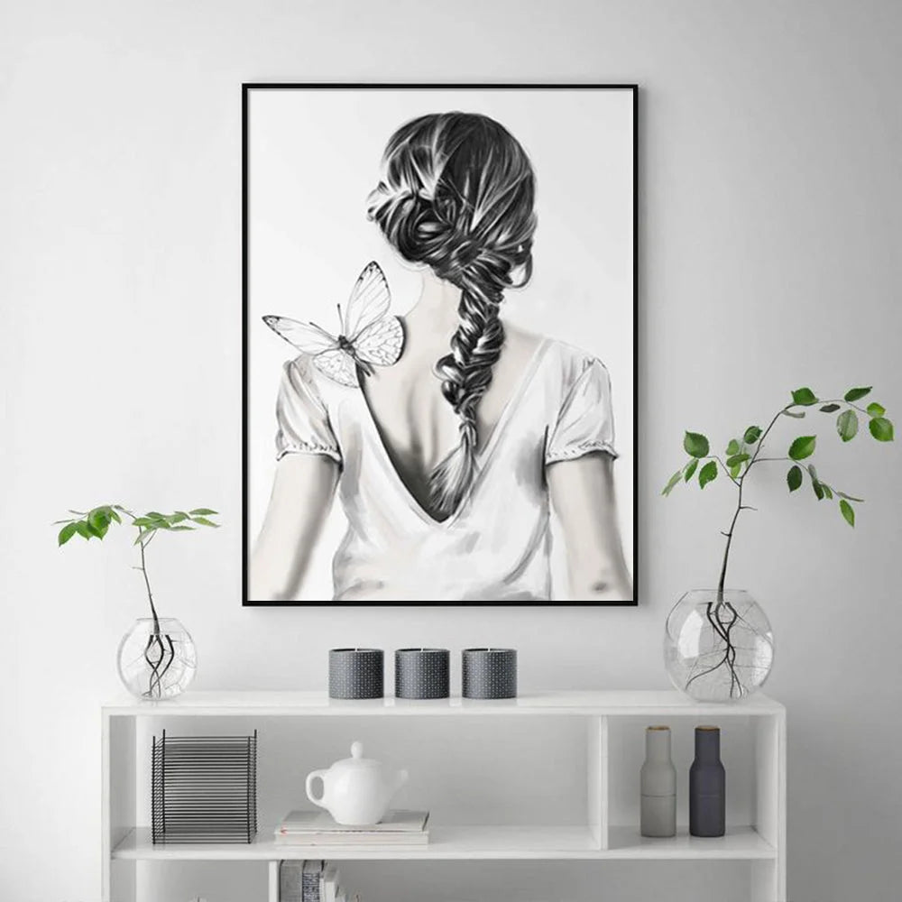 Wall Art 70cm x 100cm Woman Back with Butterfly Black Frame