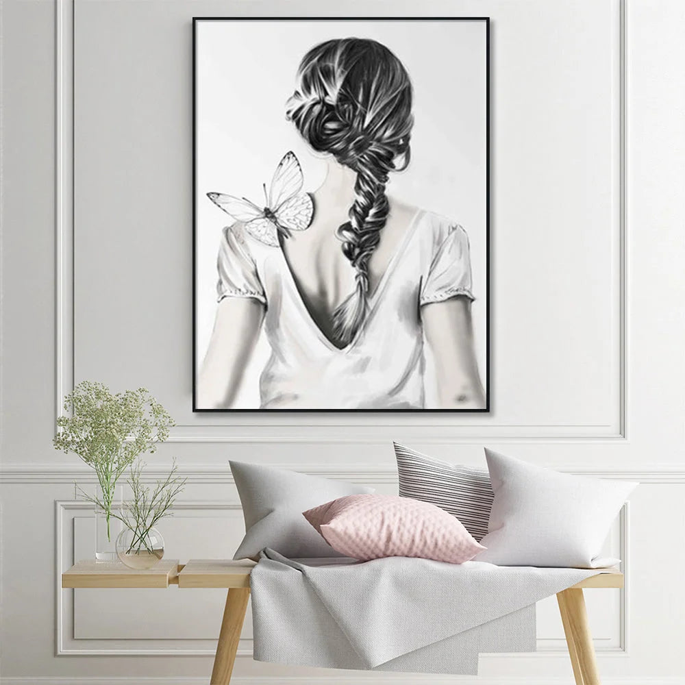 Wall Art 70cm x 100cm Woman Back with Butterfly Black Frame